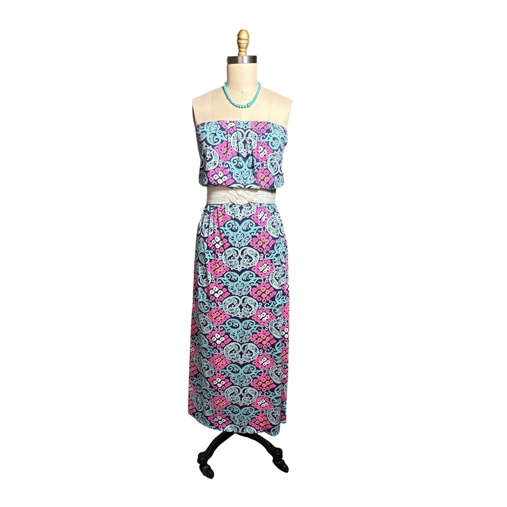 Paisley Strapless Pima Cotton Lilly Pulitzer Maxi Dress Small Blue Pink